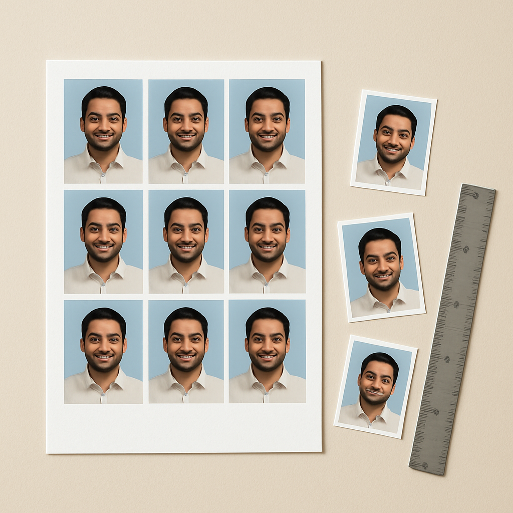 A printed sheet of passport-size photos with cut individual photos and a ruler